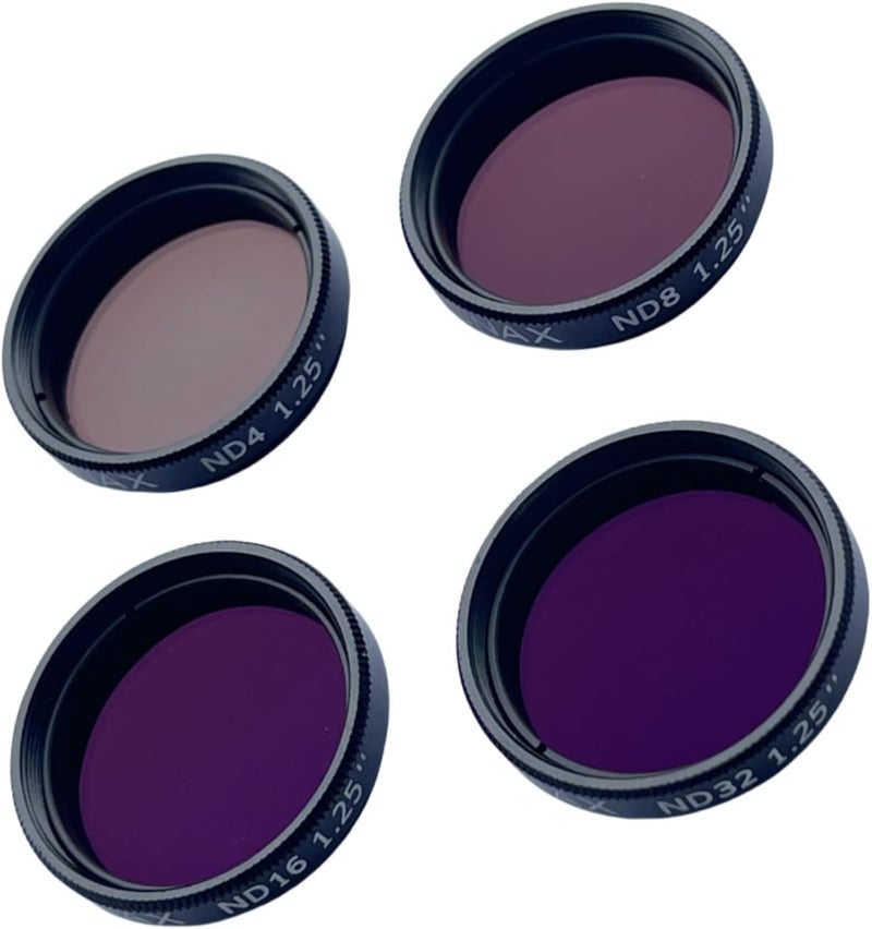 FIBONAX مجموعة فلاتر الكثافة المحايدة 1.25" (ND4/ND8/ND16/ND32) - مخفف وهج القمر للتلسكوب مع خيوط M28.5x0.6، يعزز تفاصيل فوهات القمر ويمنع التعرض الزائد للتصوير الفلكي. - Image 1